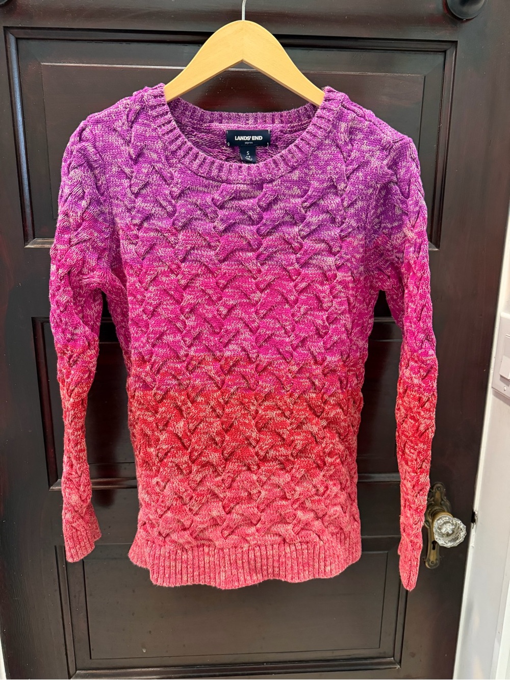 Lands' End Drifter Pink to Purple Ombre Cable Crew Sweater S